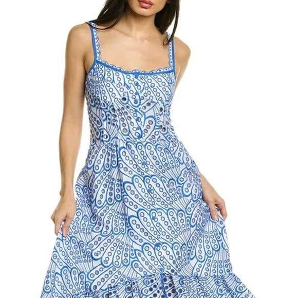 NWT Charo Ruiz Ibiza "IRENE" M Embroidered Crochet Lace Dress Cotton White Blue - Picture 4 of 11